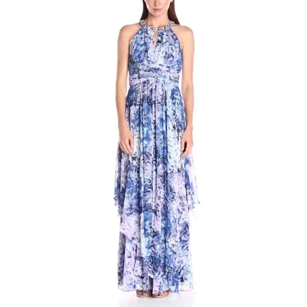 NWT Eliza J Womens Formal Dress Sleeveless Watercolor Tiered Maxi Dress 6